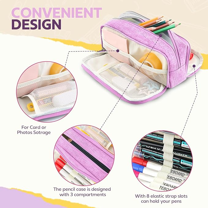 Large Capacity Pencil Case Pencil Pouch Pen Bag with 3 Compartment Stationery Organizer with Zipper, School Supplies Organizer for Teen Adults (Purple)