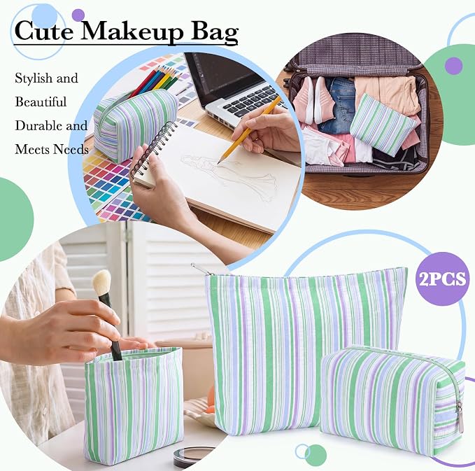 Huhumy 2 Pcs Striped Makeup Bag, Travel Toiletry Bag for Women, Aesthetic Cute Colorful Cosmetic Pouch, Seersucker Storage Organizer for Accessories, Essentials, Toiletries(Green Blue Purple)