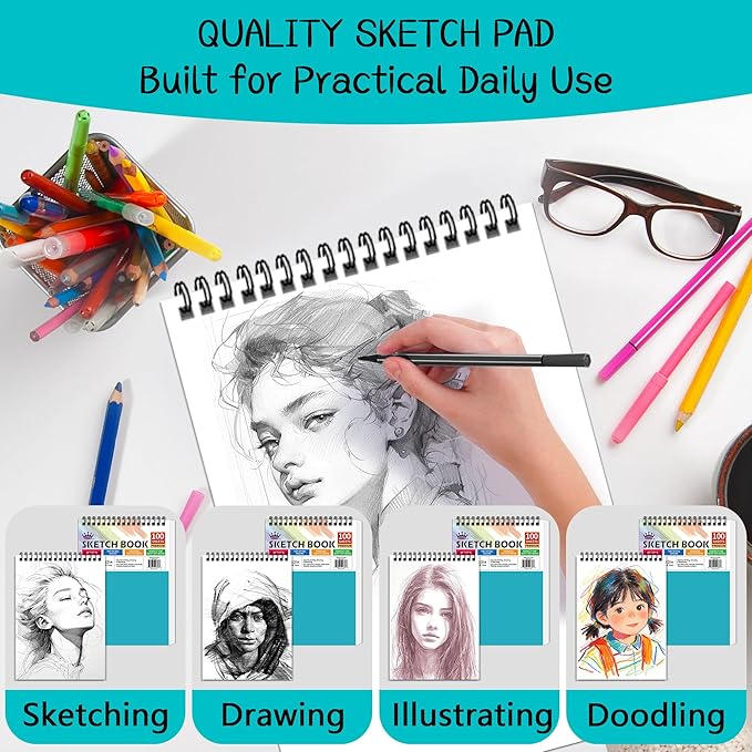 WINNER 9" x 12" Sketch Book 4 Pack, 400 Sheets Spiral Bound Art Sketchbook, 68lb/100gsm White Acid Free Drawing Pad, Sketching Doodling Drawing Writing Sketch Pad, Art Supplies for Back to School