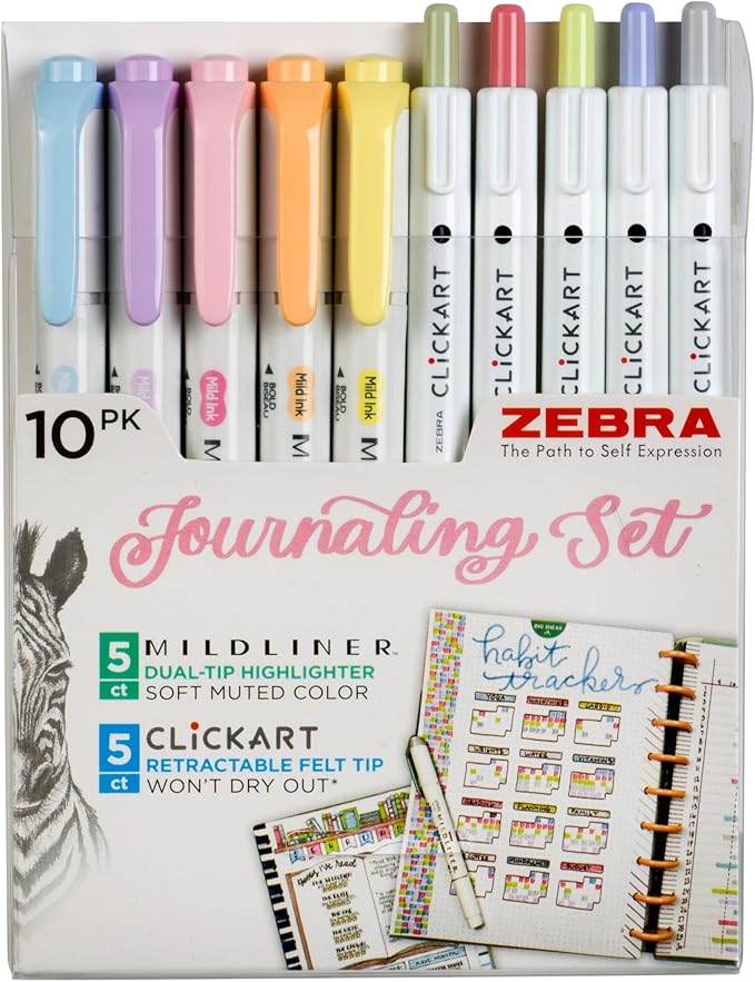 Zebra Pen - Creative 10-Pack Journaling Set - No Bleed MILDLINER Highlighters & CLiCKART Pens - Assorted Colors for Note-Taking, Bible Study, Bullet Journaling and Creative Planning (14010)