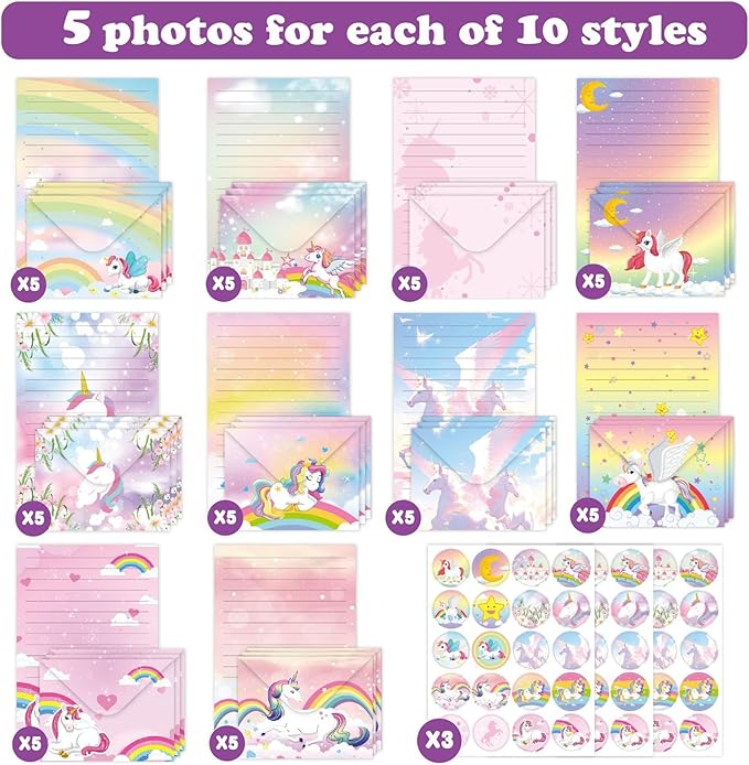 Letter Writing Set - 160 PCS Stationery Set with 50 Letter Papers, 50 Envelopes, 60 Sealing Stickers – Cute Rainbow Unicorn Design for Girls Invitations, Pen Pals, Party Notes, School Supplies