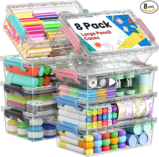 BiuLeon 8 Pack Large Pencil Box Set, Plastic Clear Pencil Case Marker Organizer, Crayon Box Craft Organizers, Stackable Storage Containers with Lid for Pen, Art and Craft Supplies(Color)