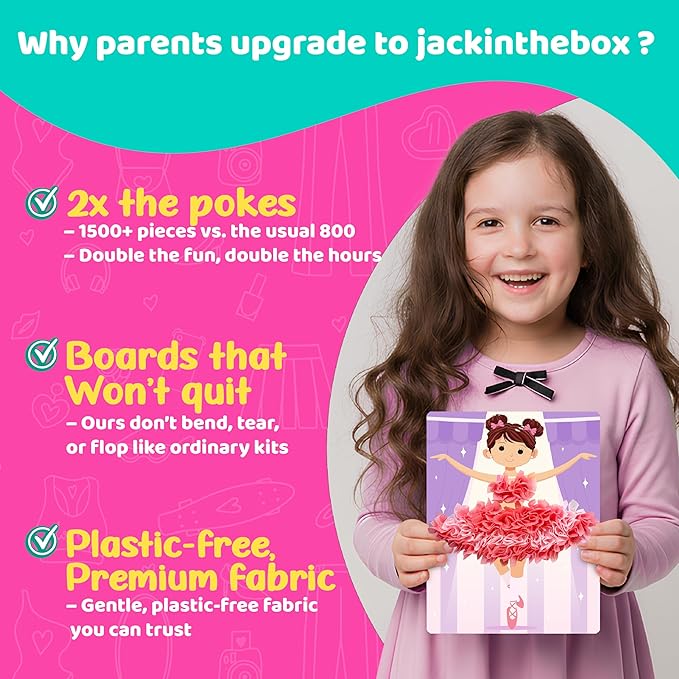 jackinthebox Poke Poke Art for Kids - Fashion Theme, Flower Pressing Kits, Mess-Free Fabric Art and Craft for Girls Ages 4 5 6 7 8