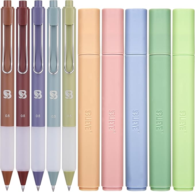 BLIEVE - Aesthetic Highlighters and Gel Pens With Soft Ink and Chisel Tip, Bible Highlighters and Pens No Bleed, Dry Fast Easy to Hold, for Bible Journaling Planner School Supplies (EARTHY)