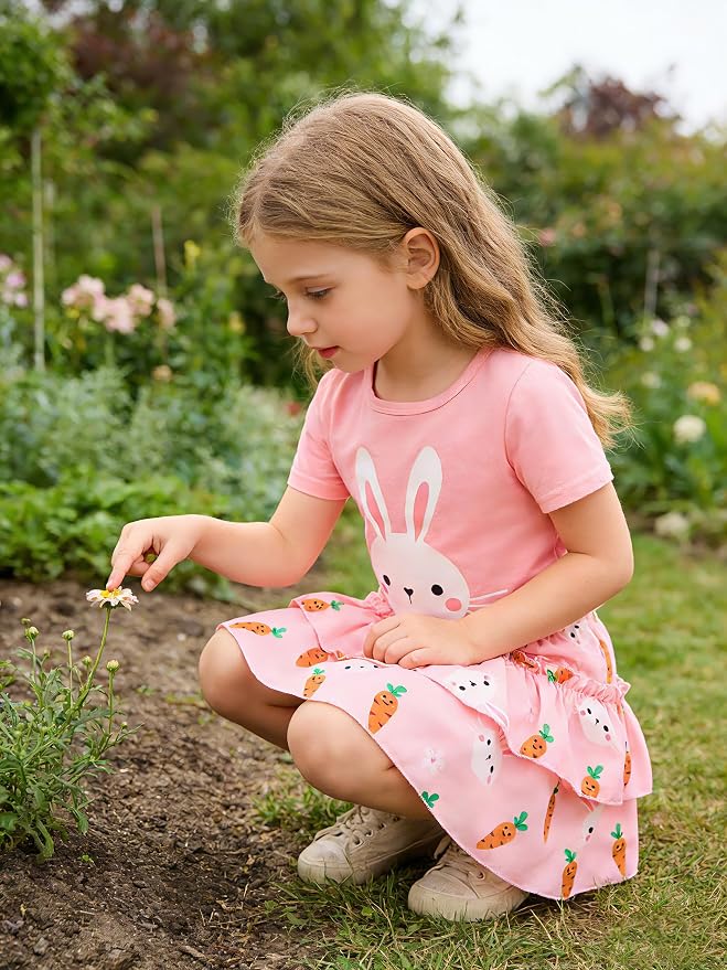 Little Girls Skirt Set - 2 Piece Short Sleeve Top Shirred Tiered Skirt Outfit Girls Spring Summer Clothes 3-8 Years