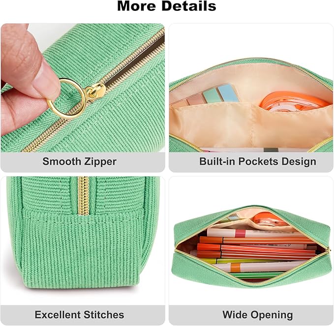 FINPAC Pencil Case, Corduroy Aesthetic Makeup Bag, Cute Kawaii Pen Bag Pouch Holder Box Organize for Study, Office, or Travel (Grass Green)