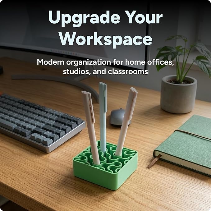 Modern Desk Pen & Pencil Holder Organizer | Unique Squiggle Design, Matte Finish, Non-Slip Rubber Feet | Stylish Office Desk Accessory & Storage for Home, Work, Classroom (Matte Green)