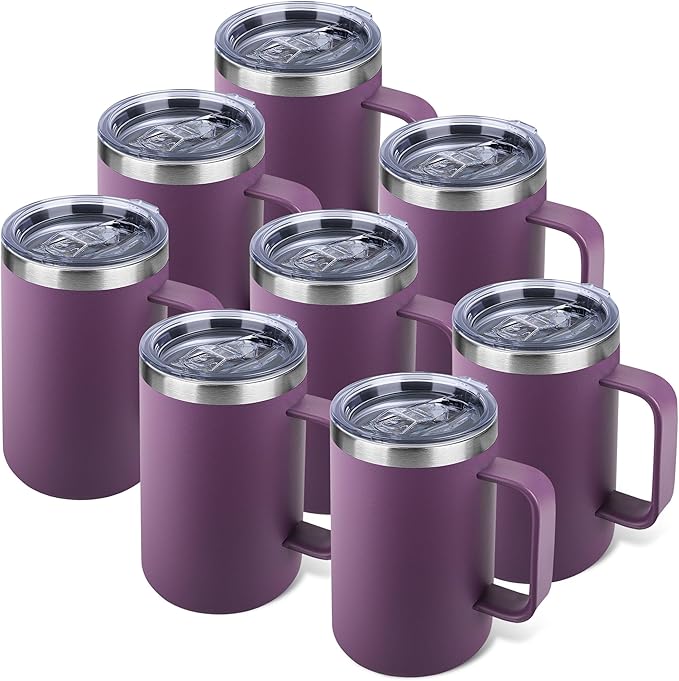 22oz Insulated Coffee Mug with Handle & Leak-Proof Lid - Double Wall Stainless Steel Travel Tumbler Bulk for Commute/Office/Home, Purple, 8 Pack