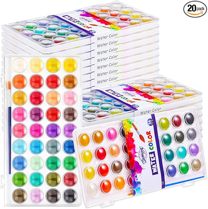 Nuanchu Gifts Bulk Watercolor Paint Washable Watercolor Paint Kits Palette and Brushes Portable Water Color Supplies for Adults, Beginners Artists Graduation Gift(20 Pack,36 Colors)