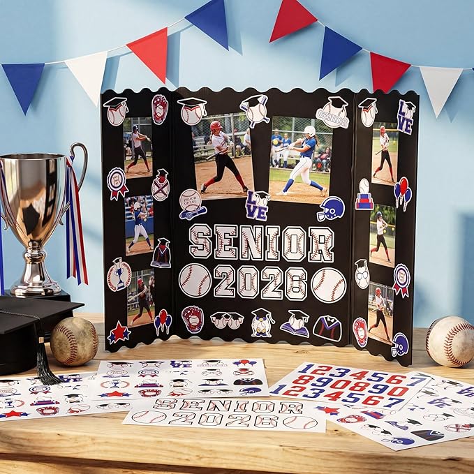 Resurhang 4 Set 24''x16'' Baseball Senior Night Gifts Senior 2026 Trifold Poster Board Photo Display Board with 12 Sheet Sports Themed Stickers for Graduation Picture Frame Sport Theme Party Supplies