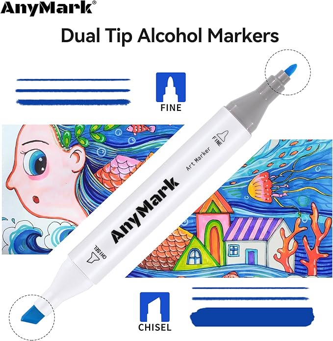 AnyMark Alcohol Markers, 60 Colors Dual Tip Art Coloring Markers Set for Adult Book Drawing Sketching Painting, Chisel & Fine, White Penholder