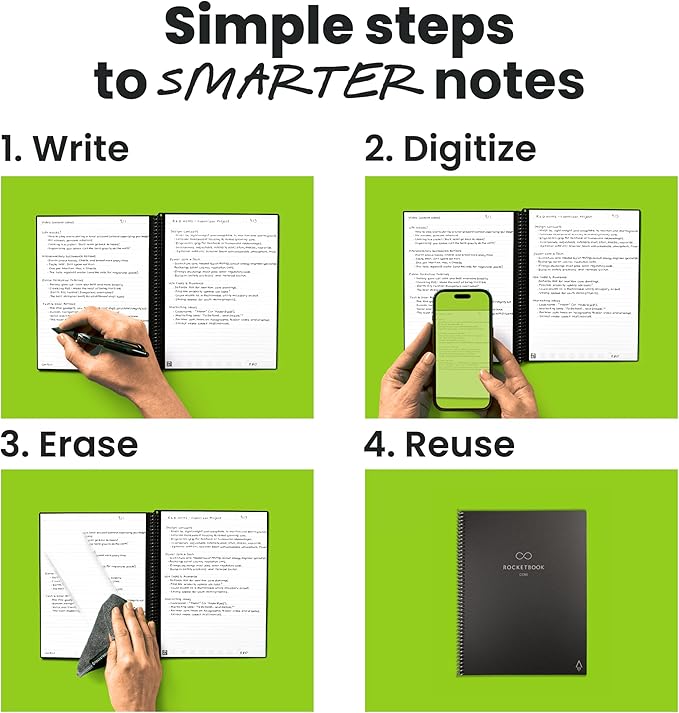 Rocketbook Core Reusable Smart Notebook, Lined Pages For School, Work and Creative Projects, Letter Size 8.5x11, Black - Premium