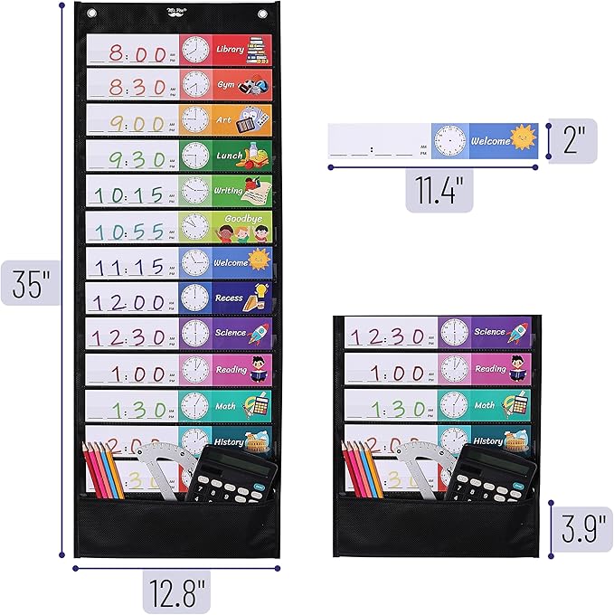 Mr. Pen Daily Schedule Pocket Chart, 13+1 Pockets, 26 Double Sided Reusable Cards (13 Colored+13 Blank), 12.8'x35', Classroom Schedule Chart