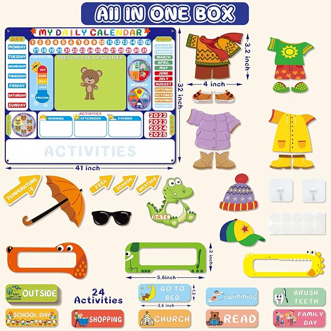 My Daily Calendar Felt Board for Kids Preschool Classroom Calendar 3.5Ft Circle Time Learning Center All About Today Activities Bear Dress Emotion Weather Season Days of the Week for Toddlers Learning