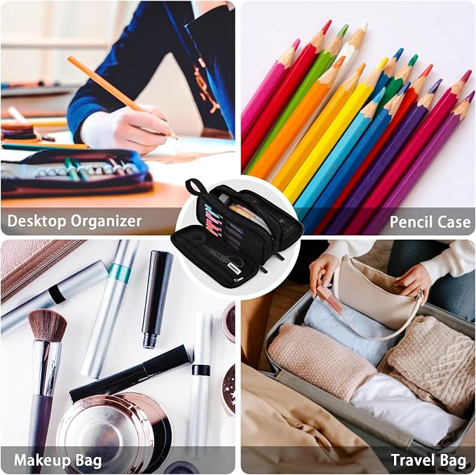 TOPBIDAI Large Pencil Case Pouch for Girls Boy Women Men Adults | Big Capacity Canvas Pencil Bag, Office School Supplies, Multi Compartment Zipper Stationery Pen Box (Coal Black)