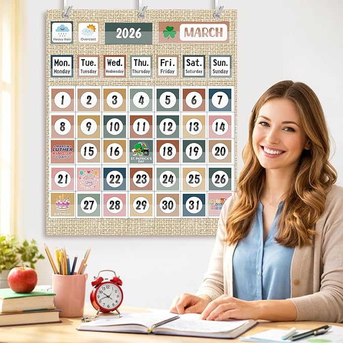 Tinlade Classroom Calendar Pocket Chart Set with 115 Cards 24 x 28 Inch Modern Neutral Calendar Bulletin Board Pocket 2026-2033 Festival Weather Teacher Supplies for Classroom Wall Decoration