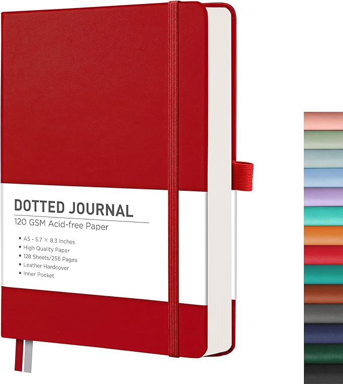 RETTACY Dotted Journal Notebook, 256 Pages, A5 Medium Size (5.7'' × 8.3''), Leather Hardcover, 120 GSM Thick Paper, for Journaling, Planning, Tracking (Red)