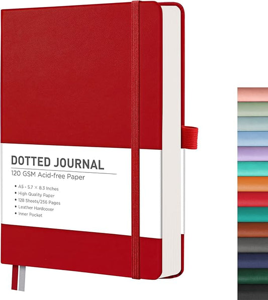 RETTACY Dotted Journal Notebook, 256 Pages, A5 Medium Size (5.7'' × 8.3''), Leather Hardcover, 120 GSM Thick Paper, for Journaling, Planning, Tracking (Red)
