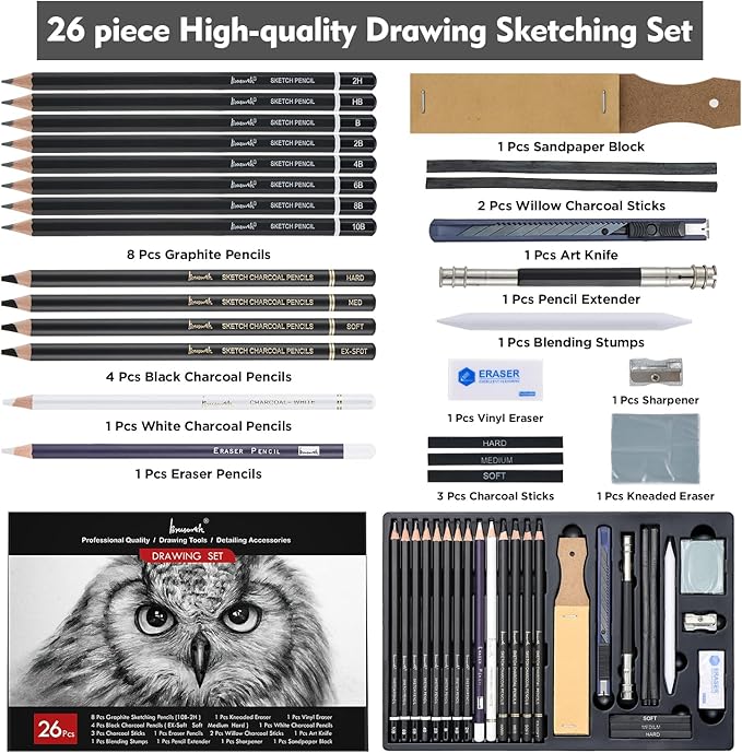 Brusarth Charcoal Pencils for Drawing, Set of 26, Professional Drawing Sketch Pencils, Art Supplies for Sketching, Shading, Blending, Artist Pencils for Beginners & Pro Artists