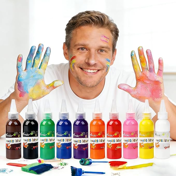 64 Pack Washable Paint Set, 12 Colors Non Toxic Finger Paints with Sponges, Paint Brushes, Waterproof Paint Smock, Palettes, Cards, Storage Box for Art, Crafts, Children Age 12+ and Adults(2 oz Each)