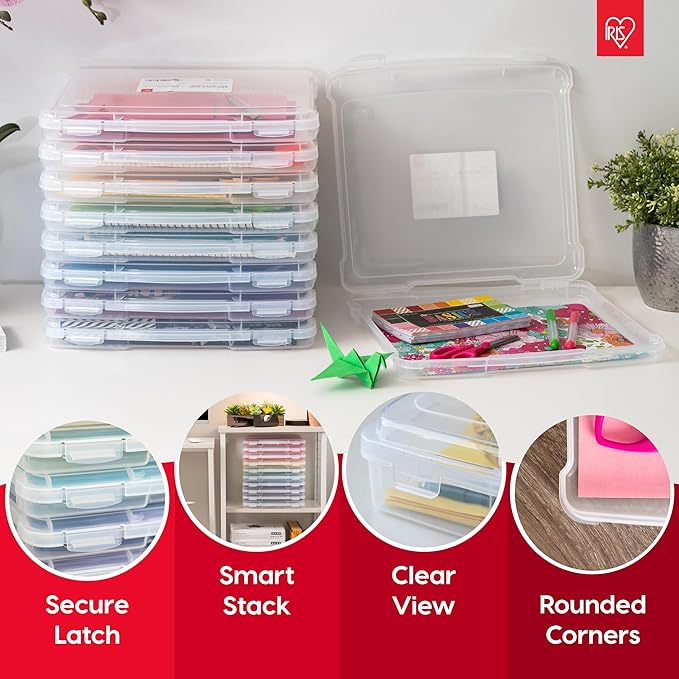 IRIS USA Board Game Storage Containers, 4-Pack |Made in USA| Organizers with Built-In Handle & Snap-Tight Lid for Puzzles, Scrapbook, and Fits 8.5" x 11" or A4 Papers, Slim - Clear