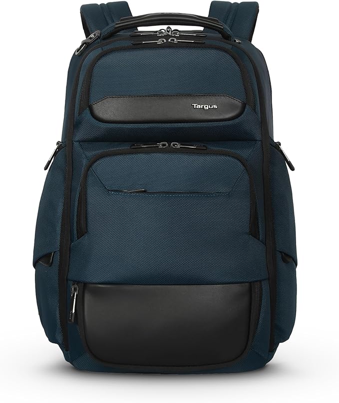 Targus HeritageLuxe Backpack 15-16” – Blue Laptop Bag with SafeSling Protection, RFID Pocket, USB-C Charging, Tracker Slot, Eco Fabric, Leather Accents - TBB65602GL