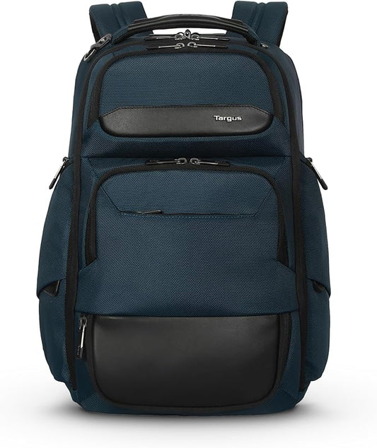 Targus HeritageLuxe Backpack 15-16” – Blue Laptop Bag with SafeSling Protection, RFID Pocket, USB-C Charging, Tracker Slot, Eco Fabric, Leather Accents - TBB65602GL