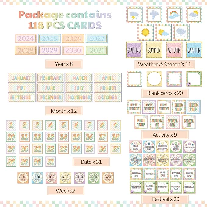 119 Pcs Classroom Calendar Pocket Chart Black Monthly Bulletin Board Set Seasons Festival Weather Farmhouse Calendar Set for Classroom Decoration Back to School Supplies(Pastel Checkerboard)