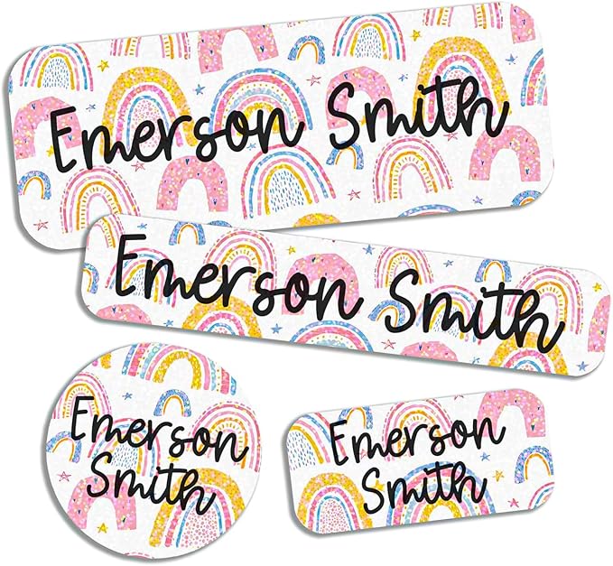 COACO Personalized Kids Name Labels, Holographic, Waterproof, 90 Labels (Pastel Rainbow)