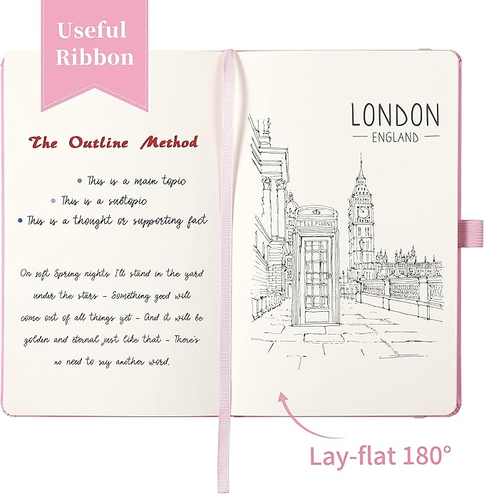 Blank Journal/Notebook - Classic Notebook/Journal with Ribbon Divider, Hardcover with Thick Paper, 5.3'' x 8.26'', Banded + Pen Holder +Inner Pocket - Pink