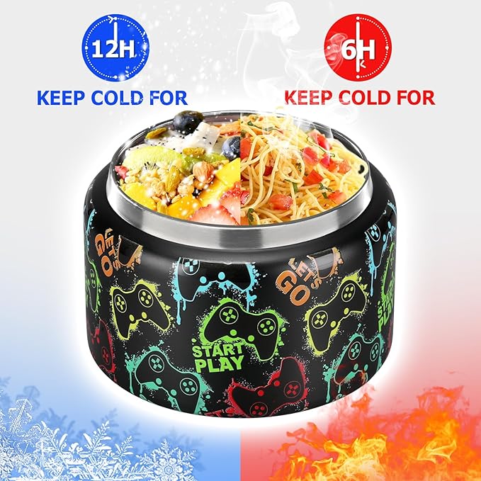 JXXM 8 Oz Thermo Food Jar for Hot & Cold Food for Kids, Insulated Lunch Containers Hot Food Jar,Leak-Proof Vacuum Stainless Steel Wide Mouth Lunch Soup Thermo for School (Black-Game machine)