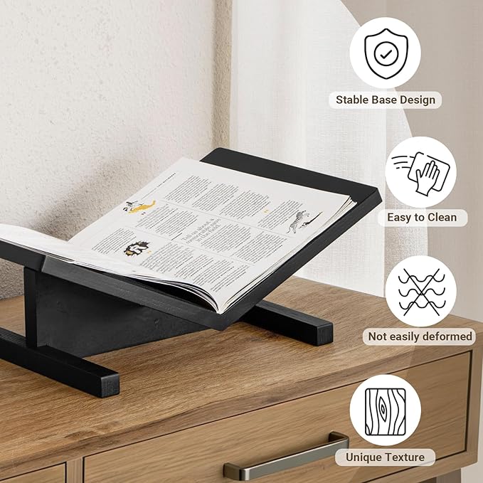 PUERSI Open Display Stand, Wooden Large Book Holder, Coffee Table Stand, Sturdy Base Design, Wood Easel for Magazine, Art, Cook Book, Bible, Quran - Black