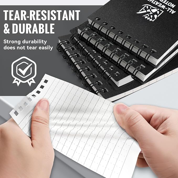 4 Pack Waterproof Pocket Notebook, 3" x 5" Top-Spiral Pocket Notepad