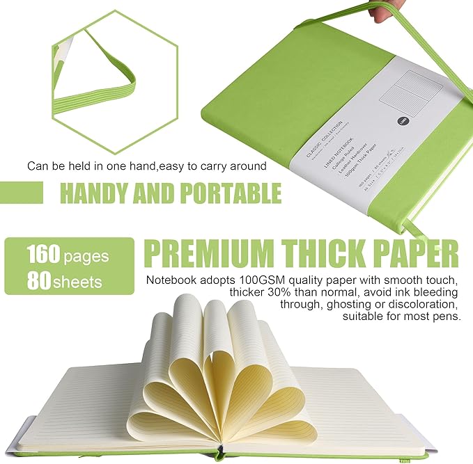 Lined Journal Notebook, 6Pack Hardcover Notebook for Men & Women – Journals for Writing, Work, School, Home & Daily Notes, 160 Pages – Medium A5, 5.7"x8", 100 gsm Thick Paper (Grass Green)
