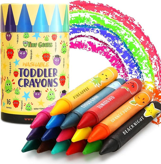 TinyGeeks Jumbo Crayons (16 Colors) – Non-Toxic, Washable, Easy-to-Hold Art Supplies for Toddlers and Kids – Perfect for Travel, Learning, and Creative Play
