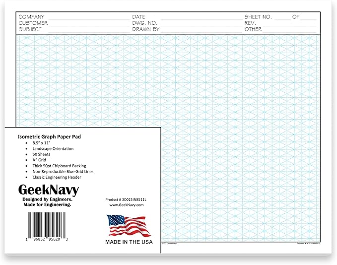GeekNavy 8.5" x 11" Isometric Graph Paper 50 Sheets Landscape - 0.25" Grid, Non-photo Blue, High Brightness, Drafting, Engineering, Art, 3D Design (1-Pack)