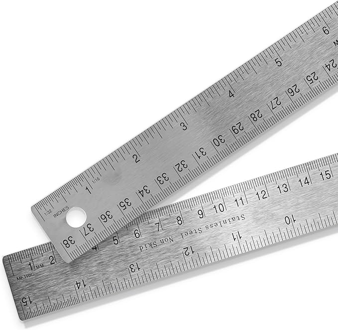 2 Pack Pacific Arc Stainless Steel 15 Inch Metal Ruler Non-Slip Cork Back, with Inch and Metric Graduations