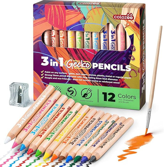 3 In 1 Color Pencil Set for Kids -12 Colored Pencil for Toddlers. Fat Coloring Pencils with Brush and Sharpener - Non-Toxic and Vegan Cute Color Pencils Perfect for Toddler Art Supplies