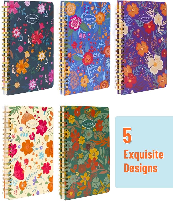 Dynta Spiral Notebooks 5 Subject 5-Pack College Ruled Hardcover with Removable Dividers 160 Pages/80 Sheets Each, A5(8.5 "x 5.7") Cute Blooming Floral, for Students Office Business Diary Book