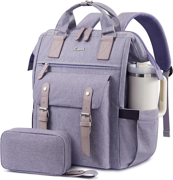 LOVEVOOK Laptop Backpack for Women, 15.6 inch Cute Teacher Nurse Work Bag with Giant Tumbler Holder (Fits Handles), Waterproof Travel Backpack Purse, Anti-Theft College Computer Bag with Pouch, Purple