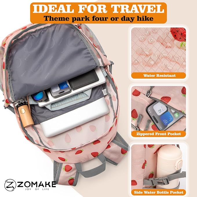 ZOMAKE Lightweight Packable Backpack 30L, Foldable Travel Hiking Daypack | Water Resistant Collapsible Backpacks, Folding Day Pack for Outdoor Camping Sport, Everyday Carry(Strawberry print)