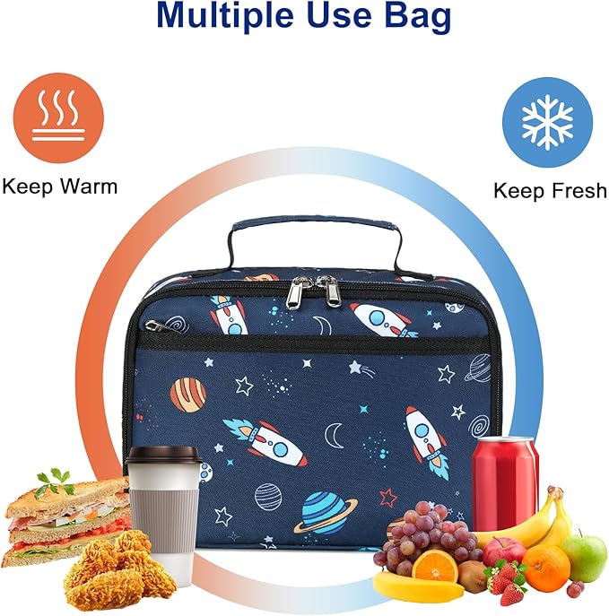 Lunch Box for Kids Boys Insulated Lunch Bags Toddler Lunch Tote Bag Thermo Picnic Cooler Bag for School Children (Spaceship-Navy Blue)