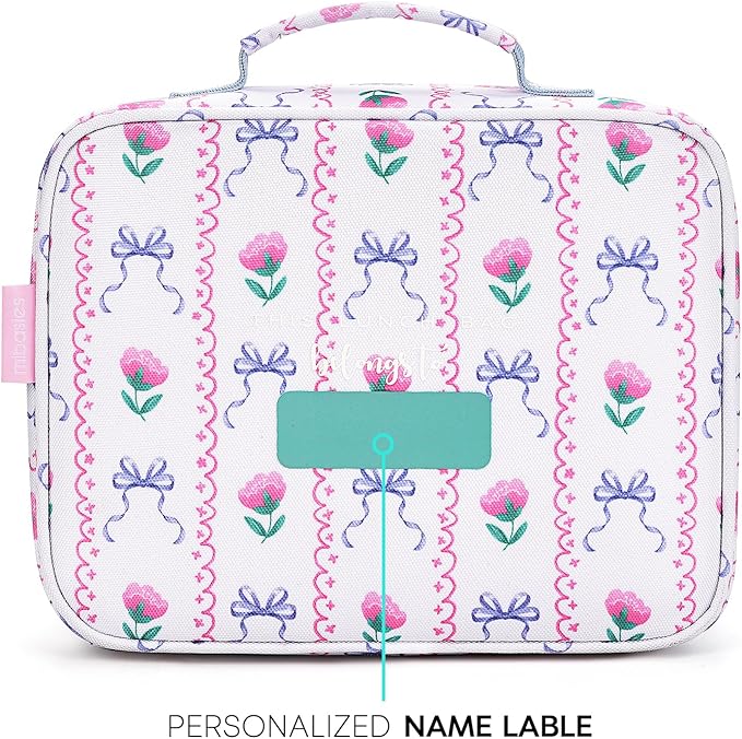 mibasies Kids Lunch Box for Girls Toddler, Insulated and Reusable Lunch Bag for School, Bowknot Rose Sky Blue