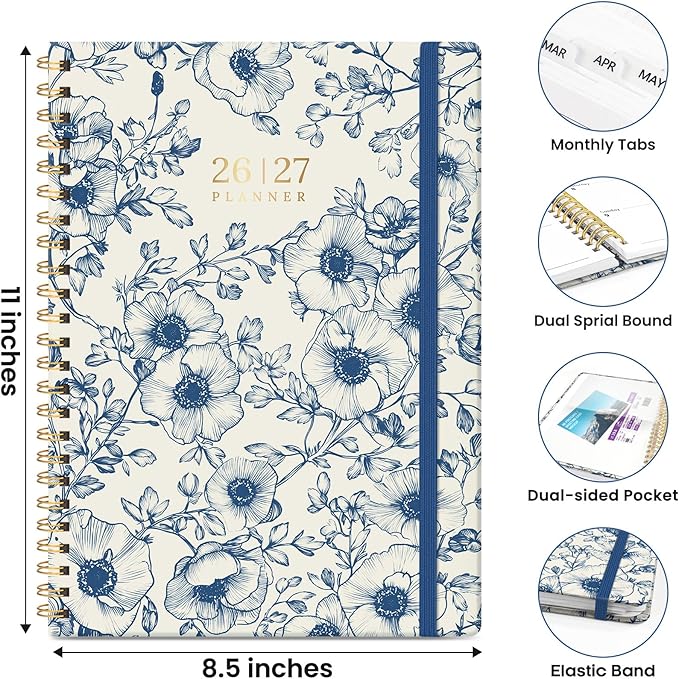Planner 2026-2027, Monthly and Weekly Academic Planner July 2026 - June 2027, Hardcover Student Teacher Planning Agenda Calendar Book with Tabs, Perfect for Office School Supplies, A4 (8.5" x 11") - Porcelain Bloom