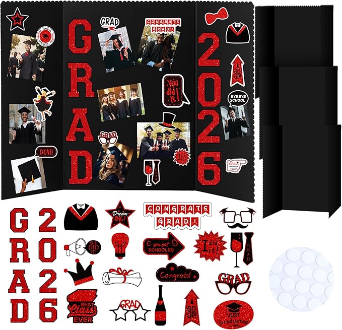 MiniInflat 4 Set 2026 Graduation Picture Trifold Poster Board Double-sided Foldable Photo Display Board Graduation Decoration for Class of 2026 High School College DIY Craft(Black Red,24 x 32 Inches)