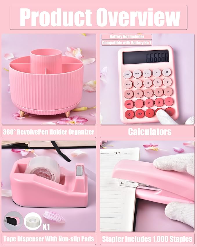 LXEVIHK Pink Desk Accessories, 20Pc Office Supplies and 360°Pen Holder Desk Organizers, With Tape Dispenser, Stapler, Staple Remover, Ect, Let the Color Pink Fill Your Desktop