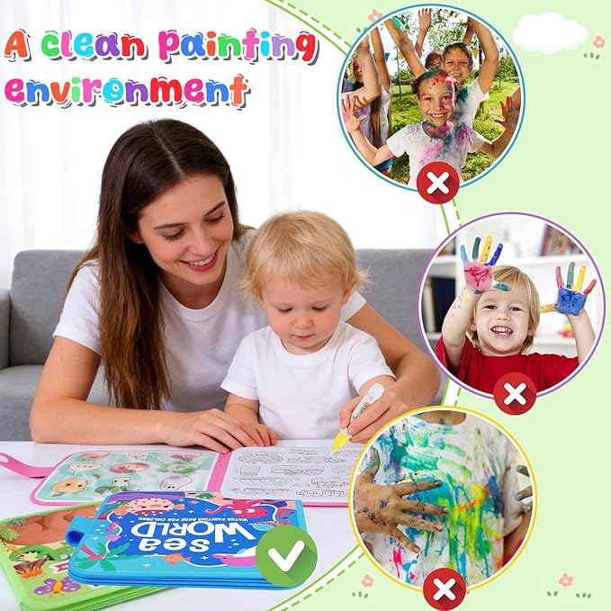 Vodolo Water Painting Book for Toddlers - 4 Pack Reusable Magic Water Coloring Book with 4 Water Pen, Mess Free Painting for Toddlers,No Mess Paint Coloring for Ages 3+ Travel Activity Toys