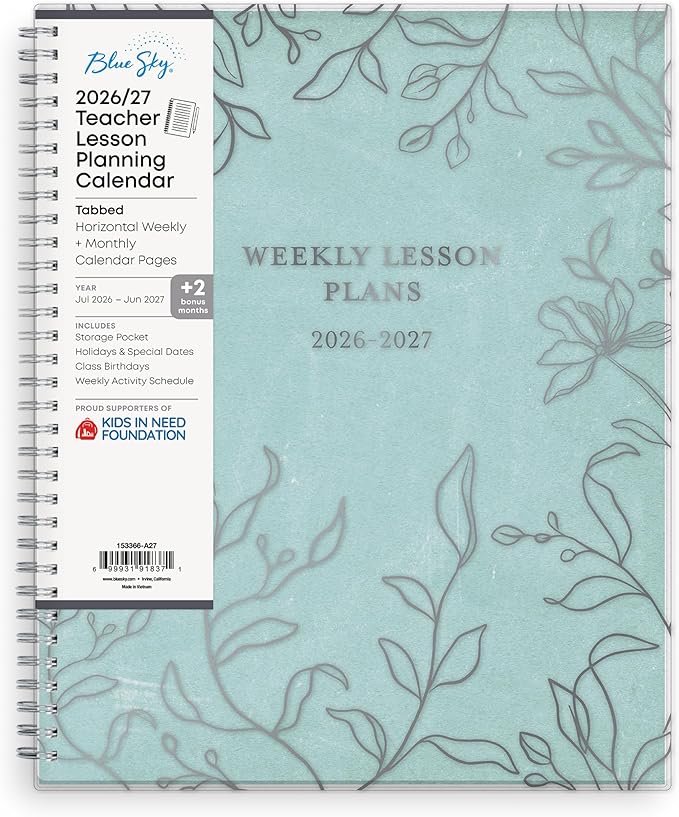 Blue Sky 2026-2027 Weekly and Monthly Academic Year Teacher Lesson Planner Calendar, July 2026 - June 2027, 8.5" x 11", Flexible Cover, Wirebound, Laminated Tabs, Storage Pocket, Prairie Aqua