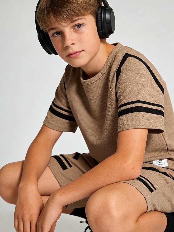 Cakaner Tween Boys Clothes Summer Simple Print T-Shirt And Shorts Set 2 Pieces Teen Trendy Outfits Size 7-14 Year