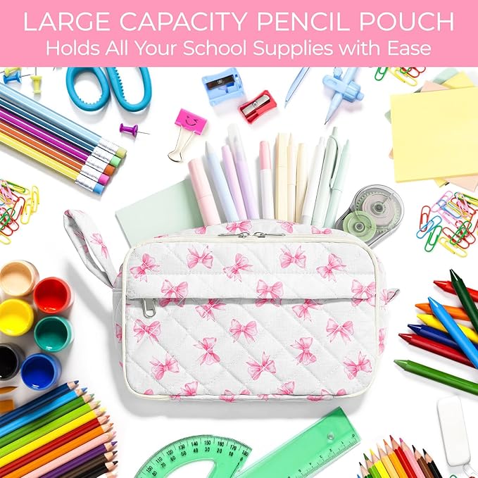 WOBAGMEN Quilted Pencil Pouch for Girls Women, Large Pencil Case Pouch with Compartments Cute Aesthetic Pencil Case Organizer, Floral Pencil Bag for School Supplies (Cute Pink Bow)